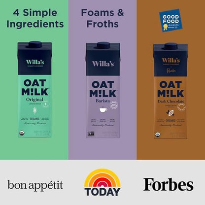 Willa's Organic Oat Milk - Chocolate Unsweetened Cacao Oatmilk, Non-GMO, Shelf Stable, Low Sugar, Non-Dairy Milk, Made from Whole Grain Oats, No Oil, No Gums, 32oz, Pack of 1