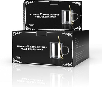LIBWYS 12oz Double Wall Coffee Mugs (2 Pack) - Insulated Borosilicate Glass Cups with Handle for Espresso, Cappuccino, Latte - Heat Resistant, Dishwasher Safe Hot/Cold Beverage Glasses 350ml