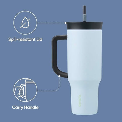 Owala Stainless Steel Triple Layer Insulated Travel Tumbler with Spill Resistant Lid, Straw, and Carry Handle, BPA Free, 40 oz, Blue (The Great Blue) (Pack of 6)
