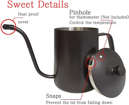 WELLLINK Pour Over Coffee Kettle 20oz 600ML, Leak Proof One-Piece 304 Stainless Steel Gooseneck Kettle with Lid, Food Grade Easy-Clean Narrow Spout & 40 Filters for Home Brewing