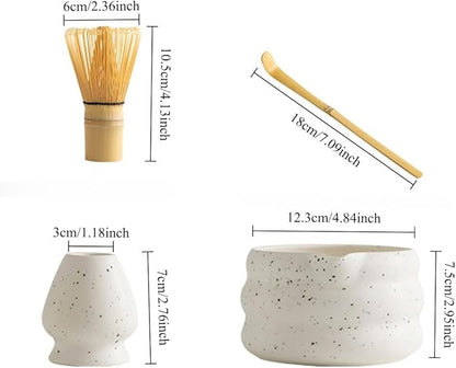 7-piece matcha kit includes matcha bowl. white speckled matcha tea set with bamboo whisk -, sifter, scoop, stainless steel filter, tea caddy, cloth & gift box - for matcha green (4)