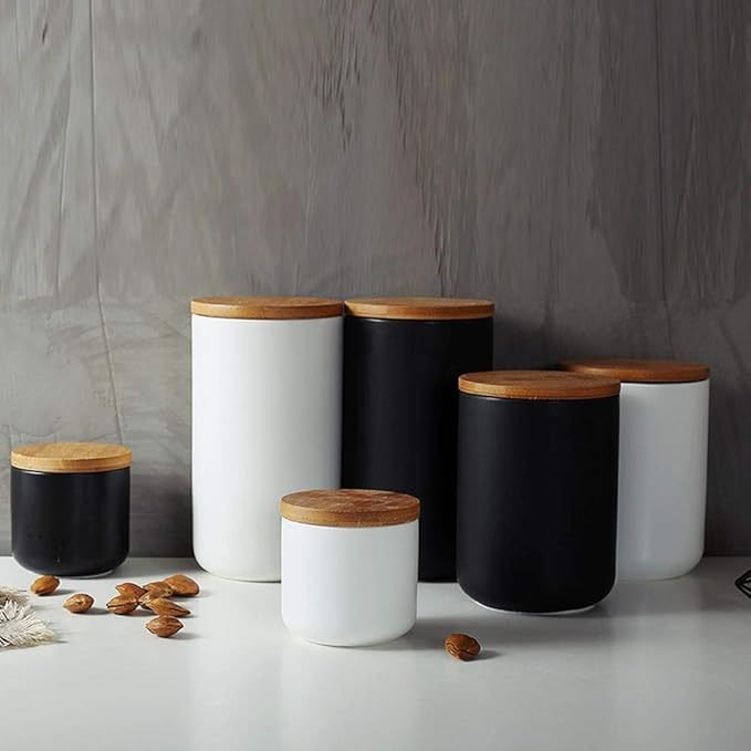 YYW Ceramics Food Storage Jar Canister with Airtight Seal Bamboo Lid, Simple Style Kitchen Canister for Food Storage, Store Coffee, Sugar, Tea, Spices (Black (8.79oz/260ml))