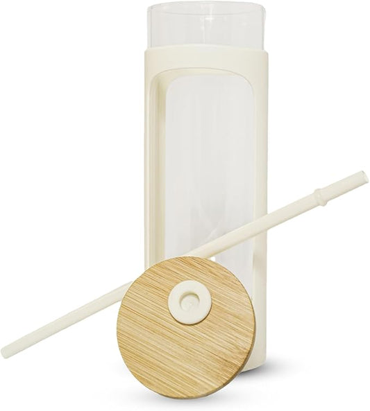 haelo 20oz Glass Tumbler Water Bottle, Iced Coffee Cup with Straw, Silicone Protective Sleeve, Bamboo Lid Reusable BPA Free (Dune)