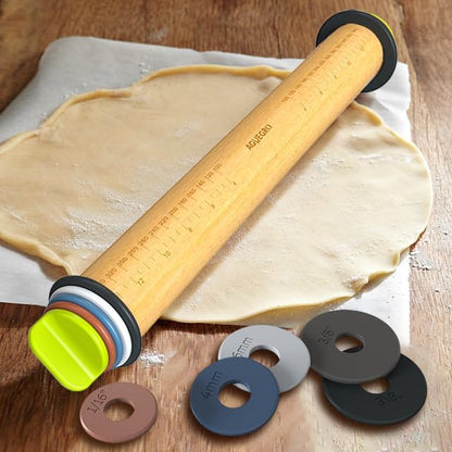 Rolling Pin with Adjustable Thickness Ring and Silicone Baking Mat for Baking, Fondant,Pizza,Pie,Cookies,Pastries,13.6"Wooden Rolling Pin Dough Roller with 4 Multi-Color Thickness Rings