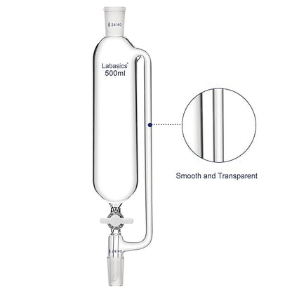 Labasics 500 ml Pressure Equalizing Addition Funnel, Borosilicate Glass Dropping Funnel 24/40 Joint with PTFE Stopcock for Laboratory