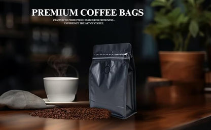 Premium Coffee Bags with Valve (100 pcs, 16 oz) Standing Coffee Beans Storage Bags, Reusable Heat Sealable Side Zipper Pouches, Eco-Friendly Packaging, Perfect for Home and Office - White