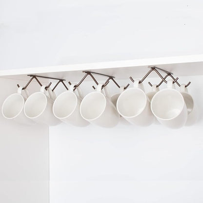 Cabinet Hook Mug Holder - Hanging Coffee Cup Rack for Kitchen, Under Cabinets Metal Hangers Organizer Shelf Storage Utensil (Brown)