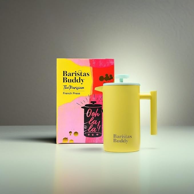 Yellow French Press Coffee Maker - Colorful, Retro And Stylish Insulated Coffee Brewer - Large Size Brews 4 Cups