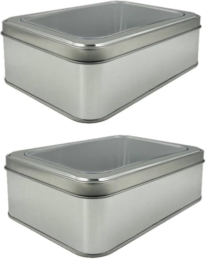 Pack of 2 Silver Rectangular Tin Container With Clear Lid, Multipurpose Tin Box, Festive Tin Box for Gift Giving, Cookies, Stationery & More - 7.25 x 5.25 x 2.25 Inches