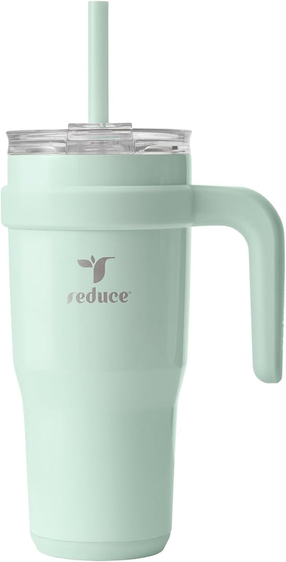 REDUCE 24 oz Stainless Steel Tumbler with Handle - Dual-Wall Vacuum Insulated Travel Mug, Sweat-Proof Lid & Reusable Straw - Keeps Drinks Cold for 24 Hrs, Fits Cupholders, Dishwasher Safe - Sea Glass