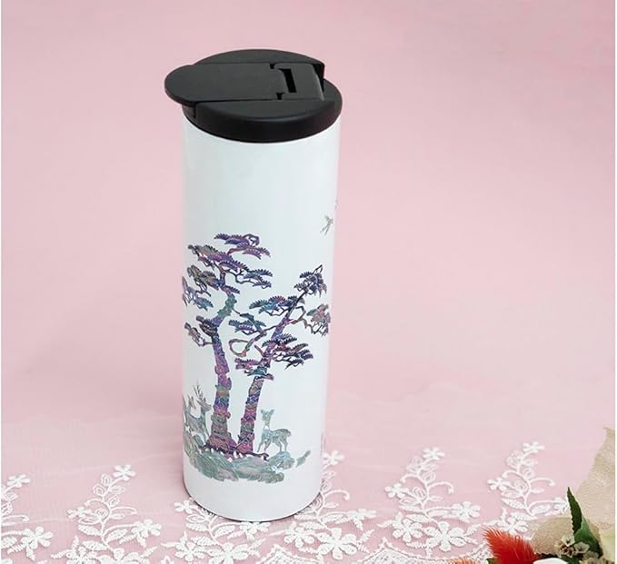 Mother of Pearl Design Stainless Steel Water Bottle 17 oz Leakproof Screw Cap Wide Mouth Double Wall Vacuum Insulated Travel Sport Water Flask Thermo Mug (Deer Pine White)