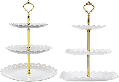 2 Pack of Large Plastic Dessert Stands, 3 Tier Cupcake Stand, 3 Tiered Serving Display Stand Reusable Pastry Dessert Tower Tray/Platter for Tea Party, Baby Shower and Wedding (White)