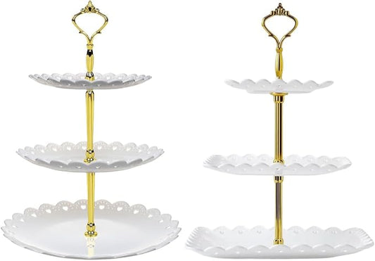 2 Pack of Large Plastic Dessert Stands, 3 Tier Cupcake Stand, 3 Tiered Serving Display Stand Reusable Pastry Dessert Tower Tray/Platter for Tea Party, Baby Shower and Wedding (White)