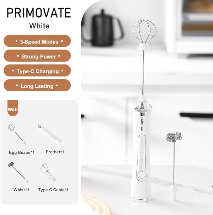 Rechargable Milk Frother, Handheld Drink Mixer with Whisk Attachment, 2025 upgraded, powerfull 3 speed motor, Type C charging with charge light, with extra egg mix head (White with Stand)