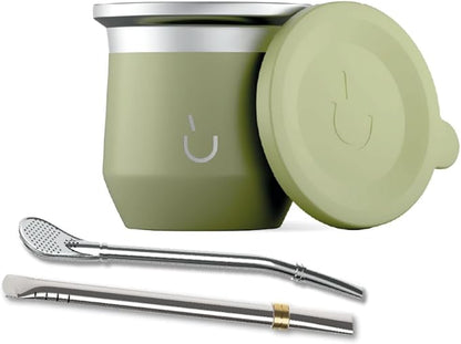 BALIBETOV Yerba Mate Cup – Vacuum Insulated Stainless Steel Gourd with Silicone Cover & Non-Slip Base – Includes 2 Bombillas & Cleaning Brush – Unique Design, Easy to Clean