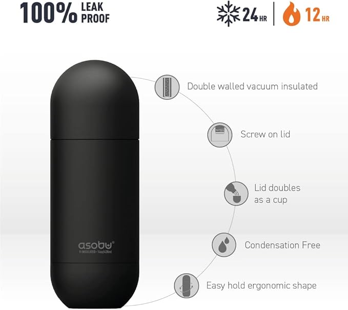 asobu Orb Stainless Steel Double Wall Insulated Travel Water Bottle – Lid Doubles as a Cup 14 Ounce (Teal)