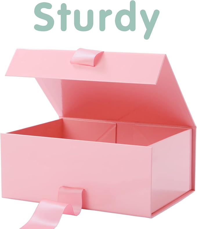 HAPPY POTATO Gift Box for Presents with Ribbon 9x6.5x3.8 Inches, Pink Gift Box with Lid, Bridesmaid Proposal Box (Glossy Pink)