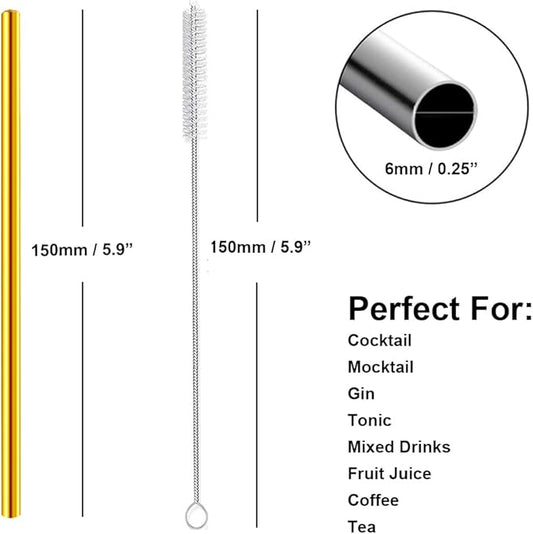 Short Cocktail Straws, Metal Stainless Steel Reusable Small Mini Coffee Stir Drinking Straw for Party Accessories Mason Jar Tumbler Juice Box Tea Coffee Mocktails Mojito Drinks with Brush, Gold 8Pcs
