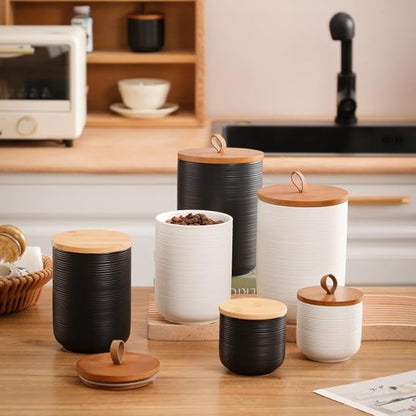 Food Storage Jar Strong Ceramic Storage Canisters with Airtight Wooden Lid,Kitchen Storage Containers for Serving Coffee Beans, Tea, Sugar, Salt, Spices (Black three-piece set)
