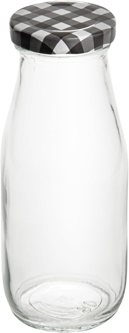 Restaurantware French Countryside 11 Ounce Glass Bottles 10 Durable Juice Bottles - With Black Plaid Lid Dishwashable Clear Glass Countryside Bottles For Hot And Cold Beverages