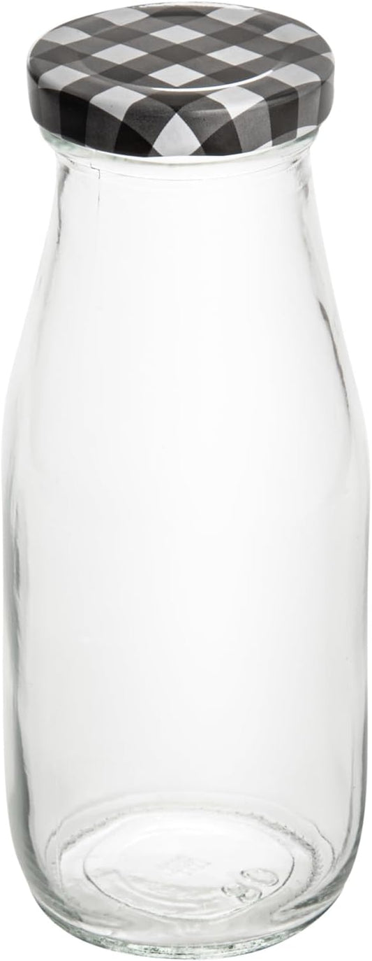 Restaurantware French Countryside 11 Ounce Glass Bottles 10 Durable Juice Bottles - With Black Plaid Lid Dishwashable Clear Glass Countryside Bottles For Hot And Cold Beverages
