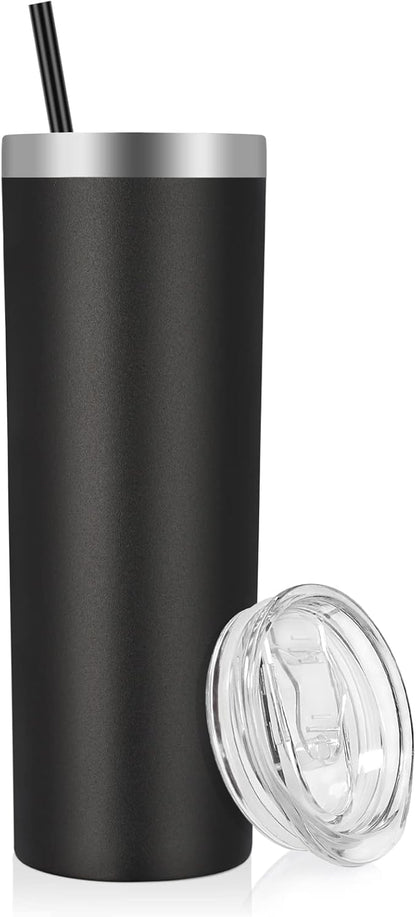 VEGOND Stainless Steel Skinny Tumbler, 20 oz Vacuum Insulated Tumbler with Lid and Straw, Double Wall Coffee Cup, Travel Mug for Cold Hot Drinks, Black 1 Pack