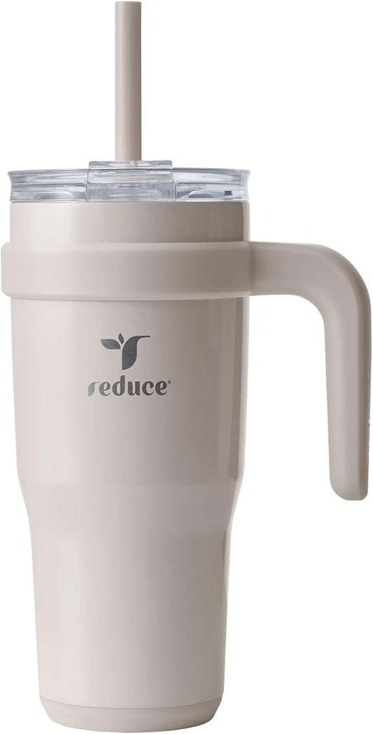 REDUCE 24 oz Stainless Steel Tumbler with Handle - Dual-Wall Vacuum Insulated Travel Mug, Sweat-Proof Lid & Reusable Straw - Keeps Drinks Cold for 24 Hrs, Fits Cupholders, Dishwasher Safe - Sand