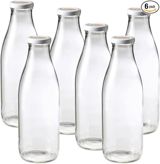 Le Parfait Bottles French Glass Milk Bottle with 48mm Printed Logo Airtight Metal Twist Cap | Used for Smoothie, Water Bottle, Preserved Tomato Sauce & other Soups| 32oz (Pack of 6) 1 Liter