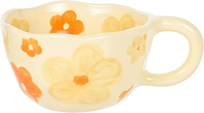 Ceramic Coffee Mug Vintage Flower Mugs 8 oz Cute Floral Coffee Mugs Irregular Latte Art Cup Lead-free Porcelain Cups for Cappuccino, Cocoa (Orange Flowers)