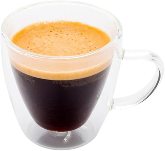 Restaurantware Forma 3 Ounce Small Glass Espresso Cups 10 Double Wall Clear Shot Cups - Built-In Handle Does Not Chip Clear Glass Espresso Mugs Rolled Rim Microwavable