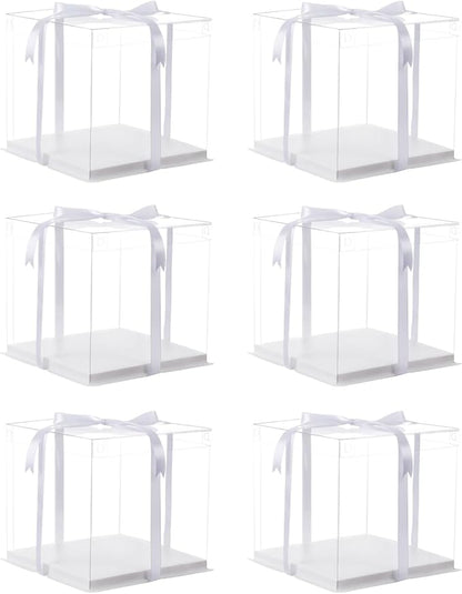 XININSUN 6Pcs clear cake boxes with Ribbon, 6inch cake boxes for Christmas Bakery Treat,Holiday Pastries,Gift Giving-White