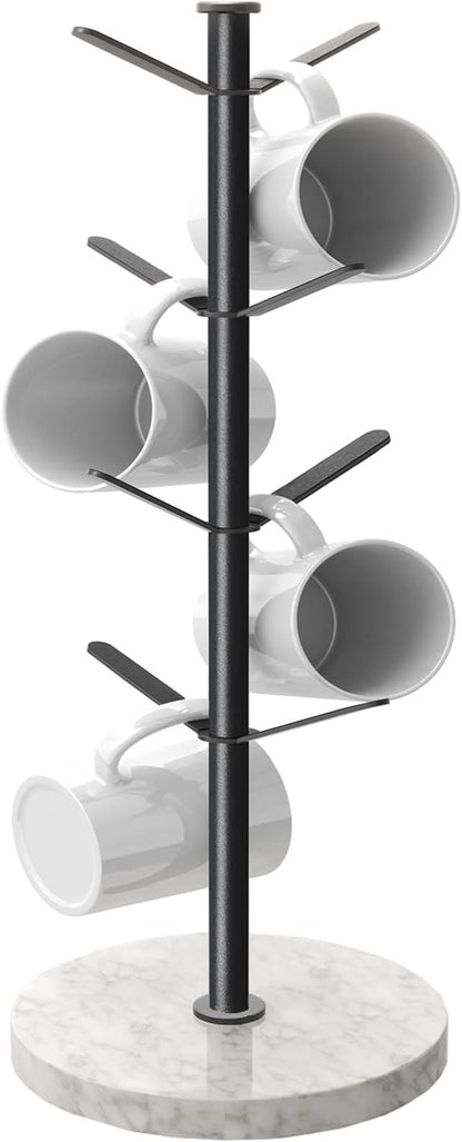 Marble Mug Holder Tree, 8 Hooks Coffee Cups Stand, New Upgraded Stable Mug Stand for Kitchen Counter Cabinet Cafe Black