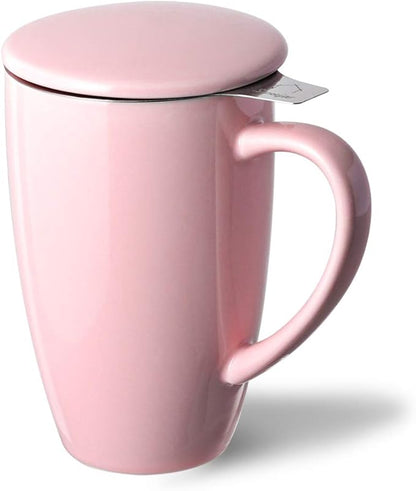 Sweejar Porcelain Tea Infuser Cup with Lid, 16 oz Tea Cup with Strainers for Loose Leaf Tea, Microwave and Dishwasher Safe Coffee Mug, Tea Steeping Mug for Tea Drinkers,Christmas Gift (Pink)