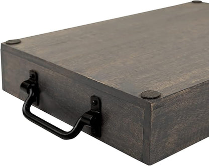 GoCraft Handmade Wooden Tray with Metal Handles – 15" x 11" x 2.5" Decorative Serving Tray in Grey Washed Finish – Versatile Tray for Breakfast in Bed, Lunch, Dinner, Appetizers, Coffee Table