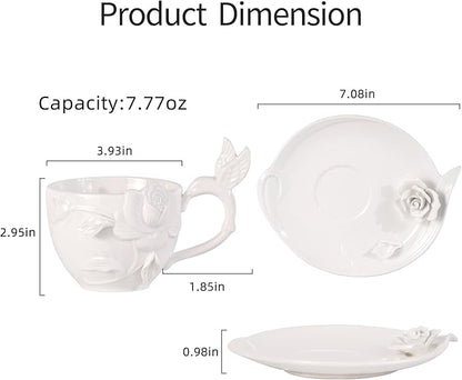 KAMMAK Tea Cups and Saucers Set of 2, Porcelain Coffee Cups, 8.5-Ounce Stackable Espresso Mugs, Ceramic Demitasse for Coffee, Latte, Americano, Tea, Cubic Rose