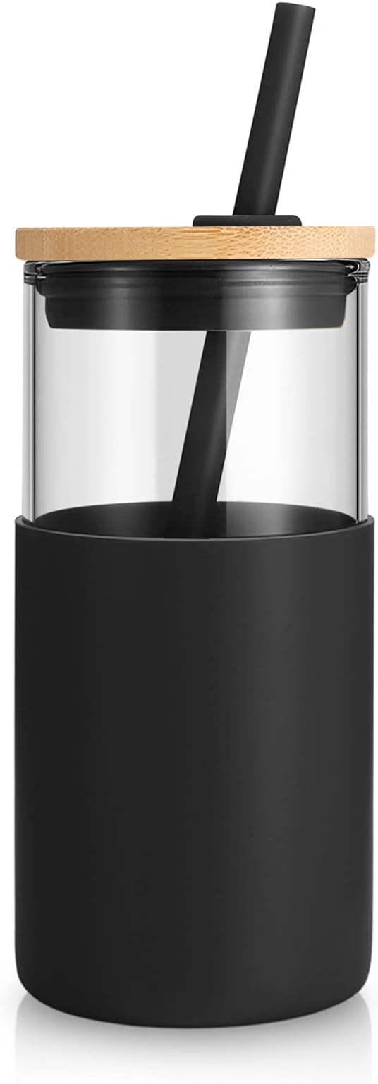 Tronco 16 oz Glass Tumbler with Straw and Bamboo Lid, Iced Coffee Cup Reusable, Smoothie Cups, Tumbler with Silicone Protective Sleeve - BPA Free