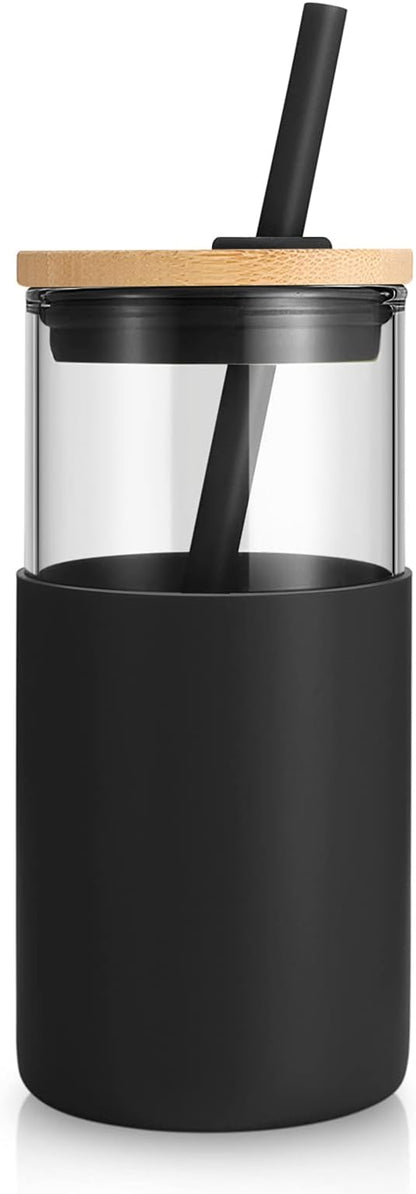 Tronco 16 oz Glass Tumbler with Straw and Bamboo Lid, Iced Coffee Cup Reusable, Smoothie Cups, Tumbler with Silicone Protective Sleeve - BPA Free