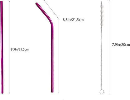 10 Pcs Stainless Steel Straws, Reusable Drinking Straws, 5 Straight + 5 Bent Metal Straws Set With 2 Pcs Cleaning Brushes (Rose Red, 8.5 Inch)