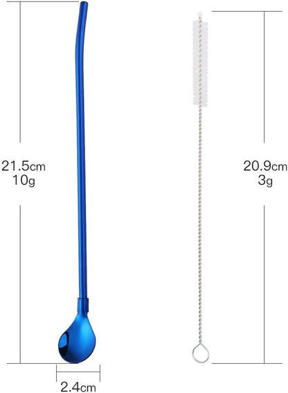 Straw Spoon, 8PCS 8.5inch Blue 18/8(304) Stainless Steel Metal Straws Reusable + 2 Brushes