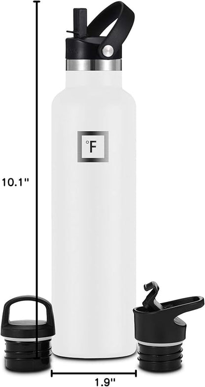 IRON °FLASK Camping & Hiking Hydration Canteens - 3 Lids (Narrow Straw Lid) Leak Proof Vacuum Insulated Stainless Steel - Hot & Cold Double Walled Sports Water Bottle - Winter White, 24 Oz