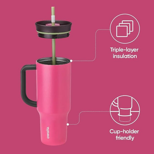 Owala Stainless Steel Triple Layer Insulated Travel Tumbler with Spill Resistant Lid, Straw, and Carry Handle, BPA Free, 40 oz, Pink (Watermelon Breeze) (Pack of 6)