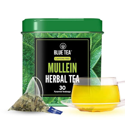 BLUE TEA - Mullein Tea - 30 Count - Pyramid Plant Based Tea Bag | LUNGS DETOX - FOR RESPIRATORY SUPPORT | Herbal Tea - Caffeine Free - Leaf Based - Non-Bitter - Vegan | Ziplock Pack