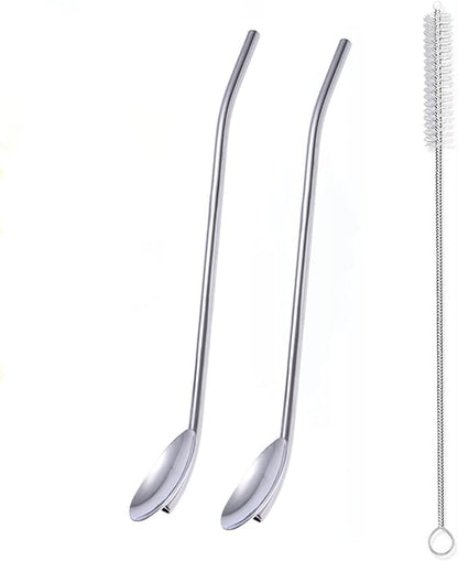 2Pcs Stainless Steel Straws Spoons, Reusable Metall Straws Spoon with 1 Cleaning Brushes,2 in 1 Snow Cone Straws Drinking Reusable Stainless Steel Ice Tea Long Spoons Straws for Cocktail Milkshake (2)
