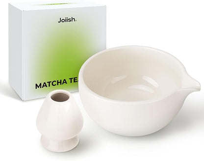 Matcha Bowl and Whisk Holder Set, Ceramic Tea Bowl and Whisk Stand, Matcha Tea Mixing Bowl with Spout (18 Ounce), Whisk Rest, Ivory White