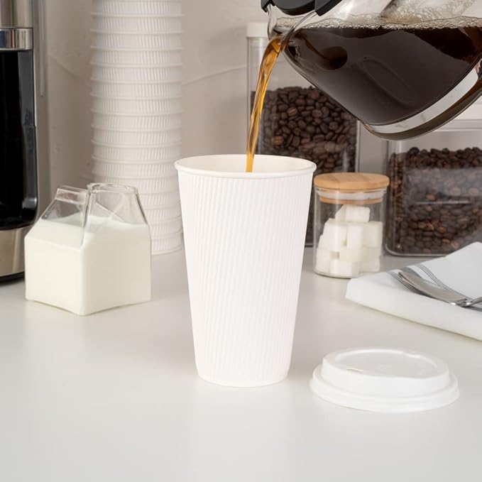 Restaurantware 16 Ounce Ripple Wall Disposable Coffee Cups, 500 Insulated White Paper Tumblers with Rolled Rim Design, Lids Sold Separately for Hot Drinks like Tea, Hot Chocolate and More