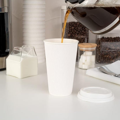 Restaurantware 16 Ounce Ripple Wall Disposable Coffee Cups, 500 Insulated White Paper Tumblers with Rolled Rim Design, Lids Sold Separately for Hot Drinks like Tea, Hot Chocolate and More