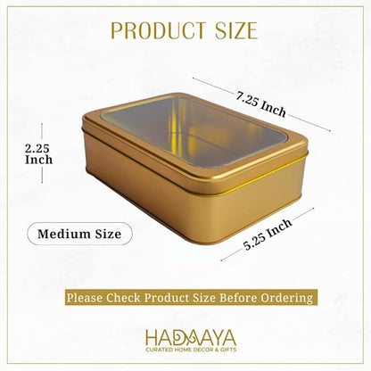 Gold Metal Tin Box With Clear Lid – Multipurpose Tin Storage Container for Cookies,Jewelry, Crafts, Pills, Gifts, Pencils and More - 7.25 x 5.25 x 2.25 Inches