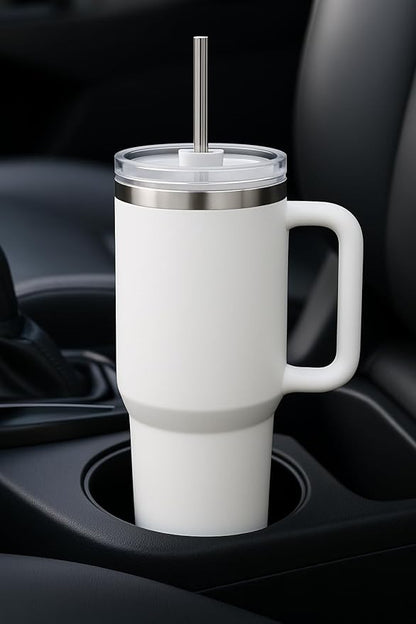 40oz Stainless Steel Tumbler with Handle & Metal Straw – Insulated Double Wall Travel Mug with Lid, Large Coffee Cup for Hot & Cold Drinks, Fits Car Cup Holders