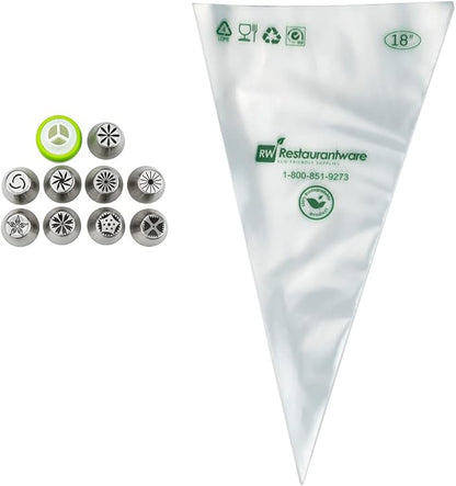 Restaurantware Pastry Tek Russian Piping Tips Set 20 Piece Durable Cake Decorating Kit - 9 Piping Tips 10 Piping Bags Stainless Steel Piping Bags And Tips Set 1 Tri-Color Coupler