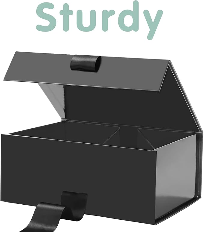 HAPPY POTATO Black Gift Box with Lid and Ribbon 9x6.5x3.8 Inches, Groomsman Proposal Boxes, Magnetic Gift Box for Presents (Glossy Black)
